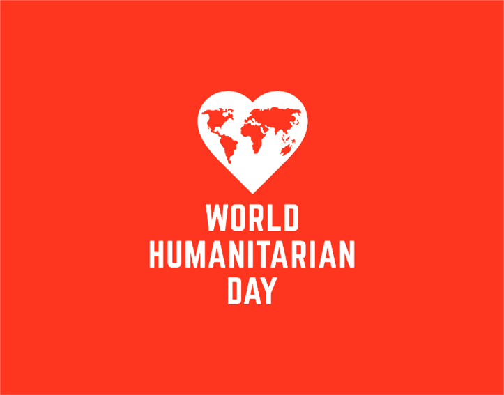illustration with a bright red background showing a map of earth inside a white heart juxtaposed with the words 